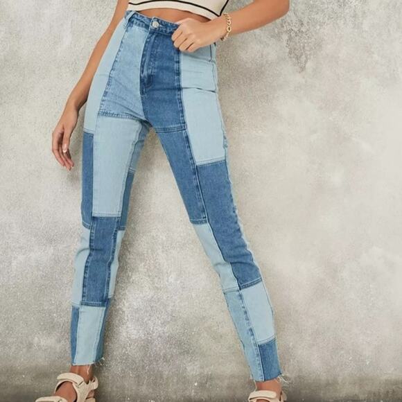 Missguided Blue Patchwork Straight Leg Jeans Size 6 - Picture 1 of 9